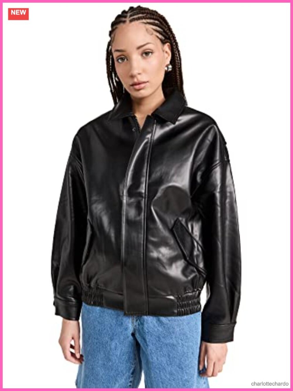 Faux Leather Bomber Jacket Collared Flap Pockets Relaxed Fit